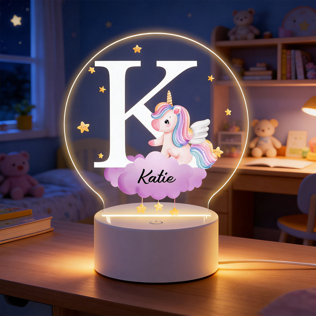 Luz nocturna infantil con nombre personalizado de animales del bosque | Control táctil, lámpara acrílica de 3 colores cambiantes