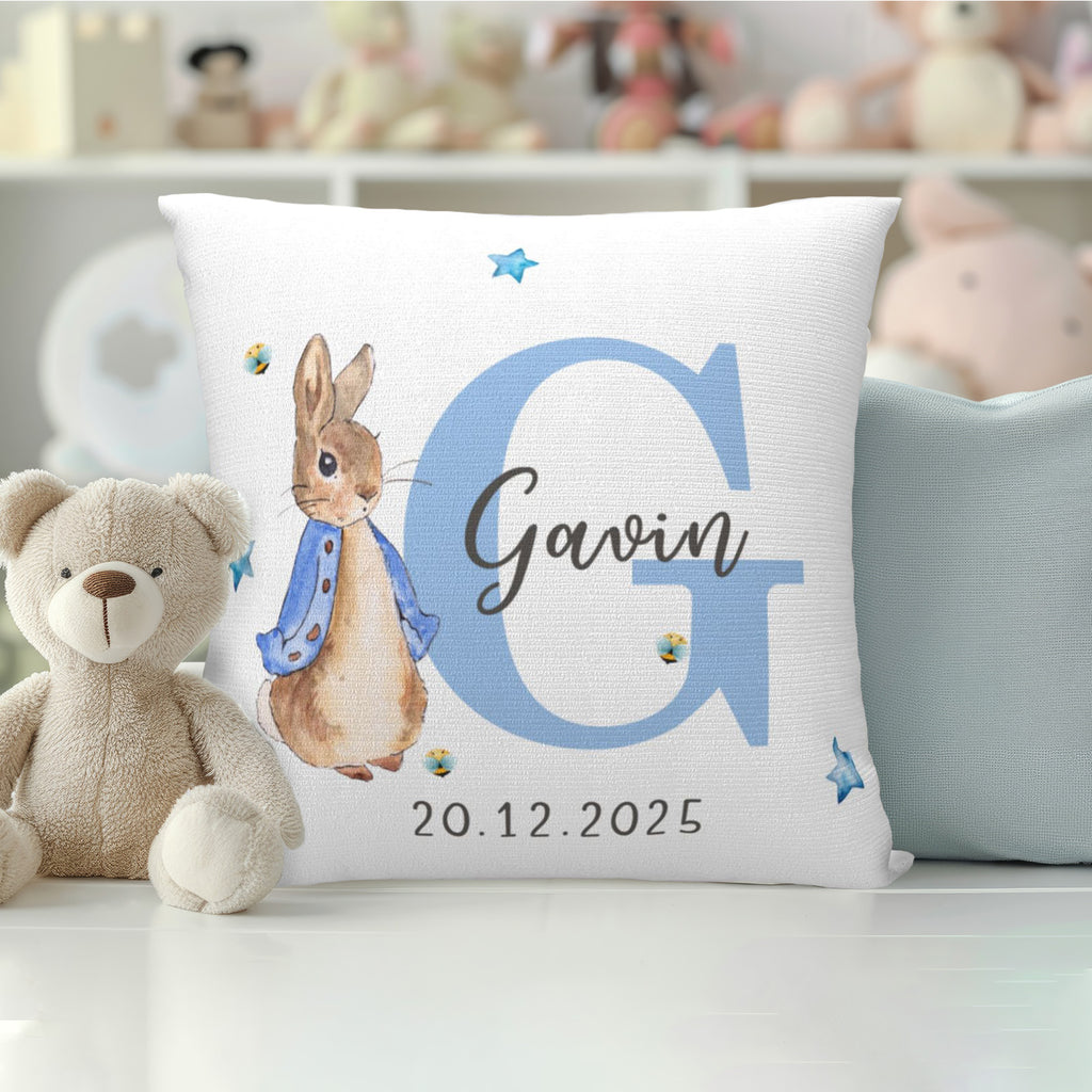 Personalized Peter Rabbit Bunny Throw Pillow Cover with Name, Multicolor Nursery Decor & Baby Shower Gift