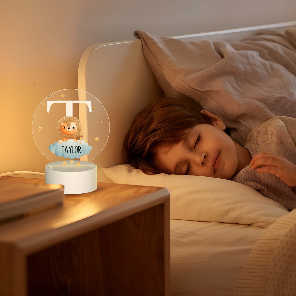 Luz nocturna infantil con nombre personalizado de animales del bosque | Control táctil, lámpara acrílica de 3 colores cambiantes