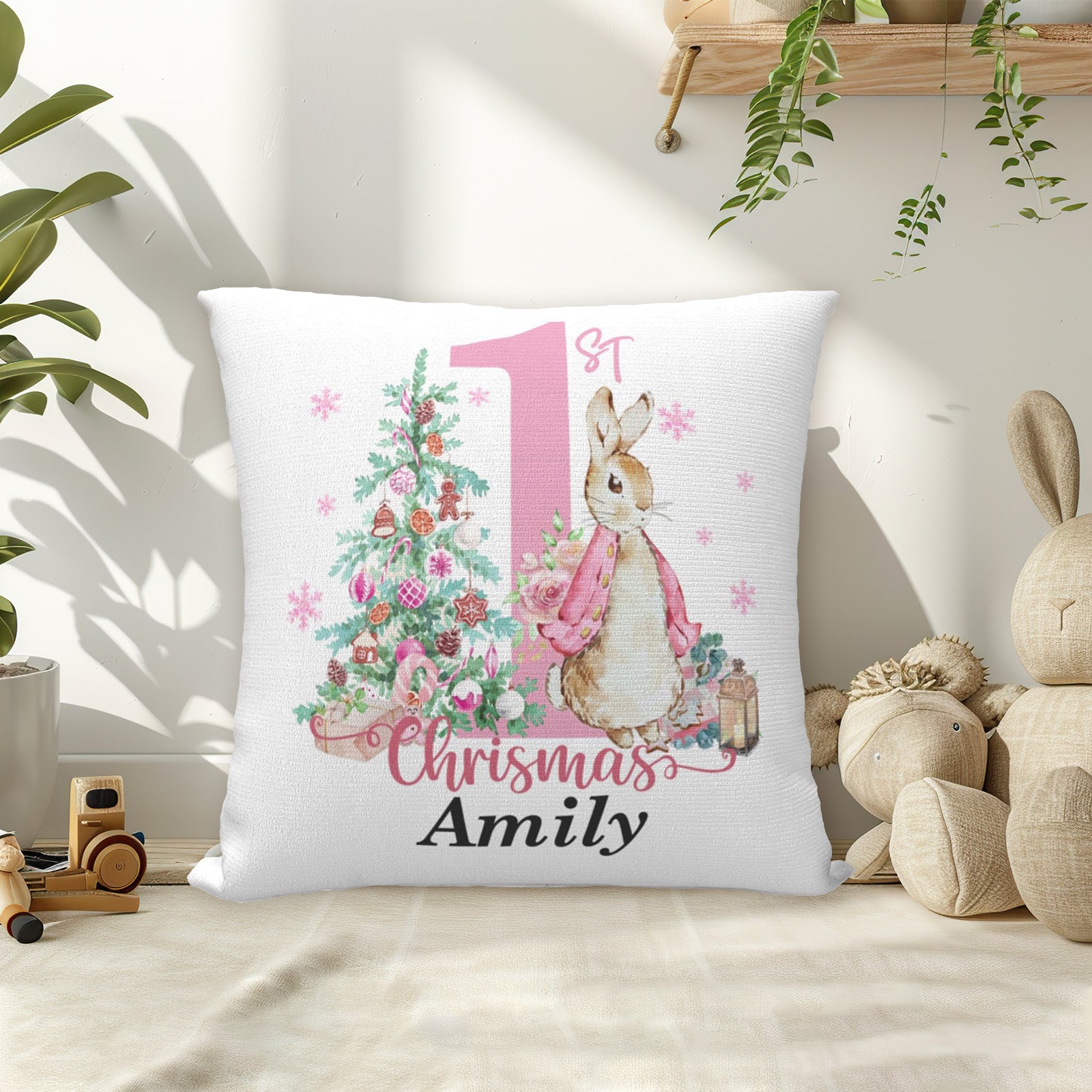 Personalized Beatrix Potter Peter Rabbit Throw Pillow - Custom Name Soft Pillow for First Christmas, Baby Shower or Nursery Gift