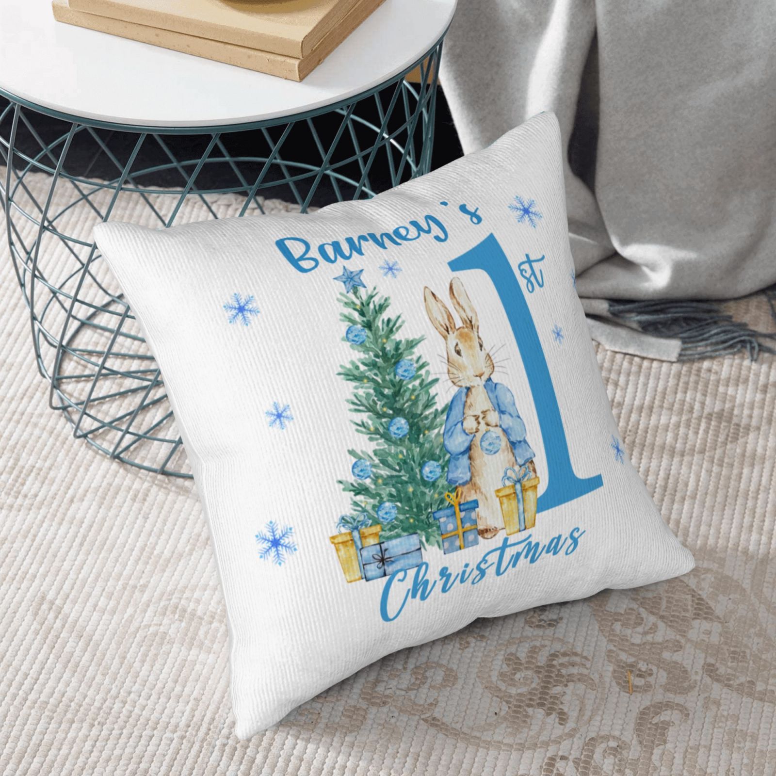 Personalized Beatrix Potter Peter Rabbit Throw Pillow - Custom Name Soft Pillow for First Christmas, Baby Shower or Nursery Gift