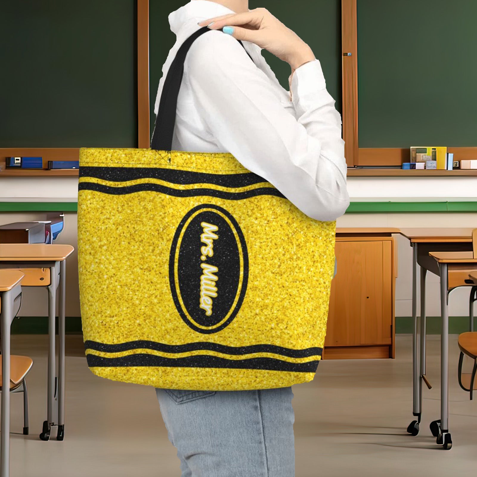 Personalized crayon teacher tote bag worn on shoulder, stylish and functional for daily school use
