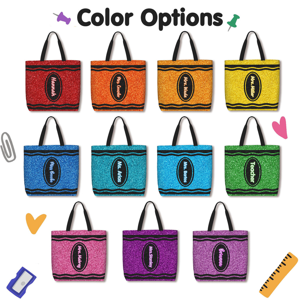 Multiple color choices for personalized crayon tote bag, cute custom bag for teachers