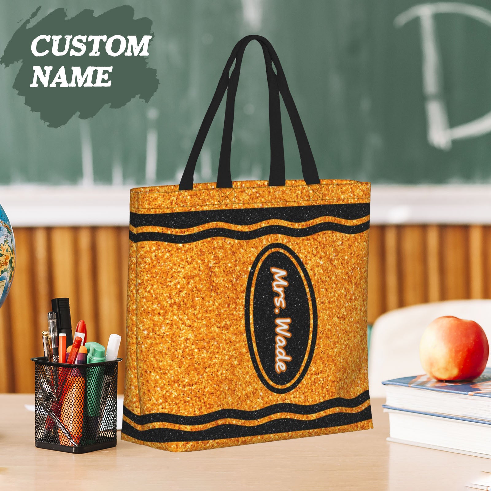 Custom name printed on crayon design tote bag, personalized teacher gift for classroom use