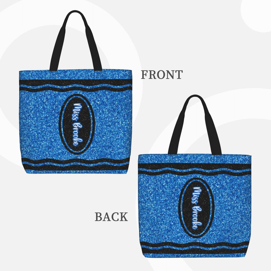 Double-sided printed crayon tote bag with custom name, durable teacher work bag
