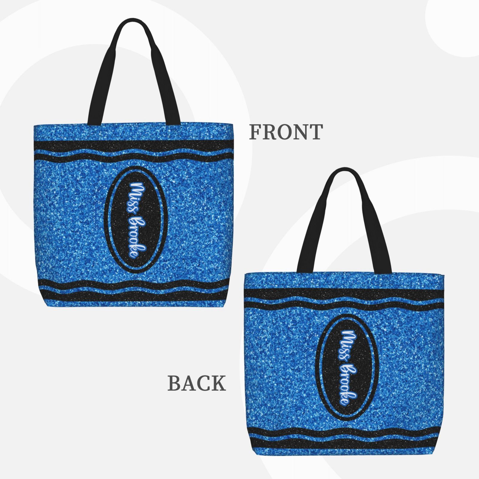 Double-sided printed crayon tote bag with custom name, durable teacher work bag