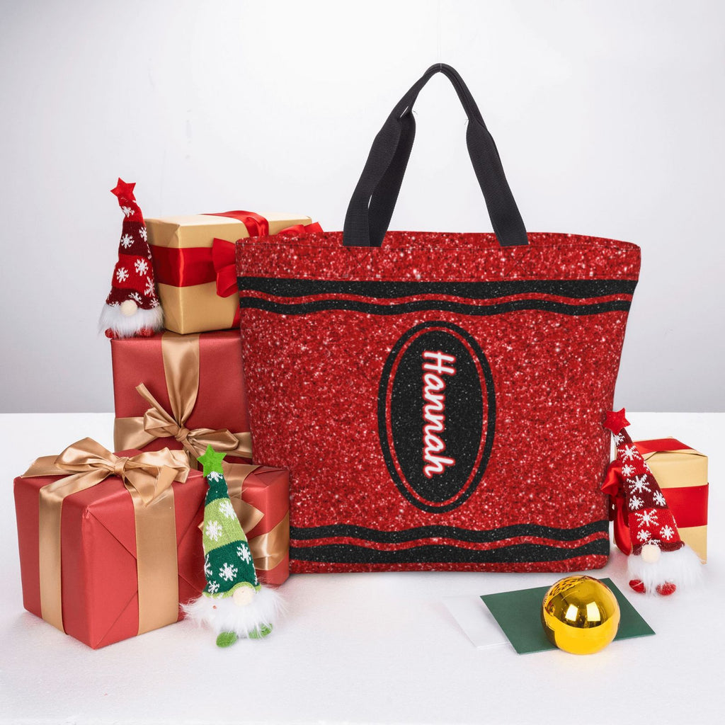 Personalized crayon teacher tote bag with Christmas gift boxes, perfect holiday and appreciation gift for teachers