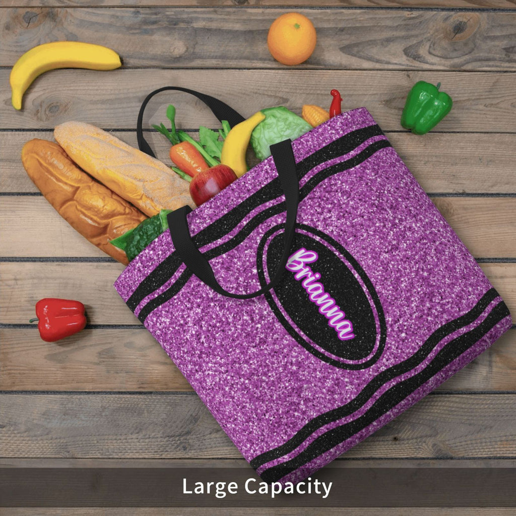 Large capacity personalized crayon tote bag filled with daily supplies, spacious for teacher work and errands