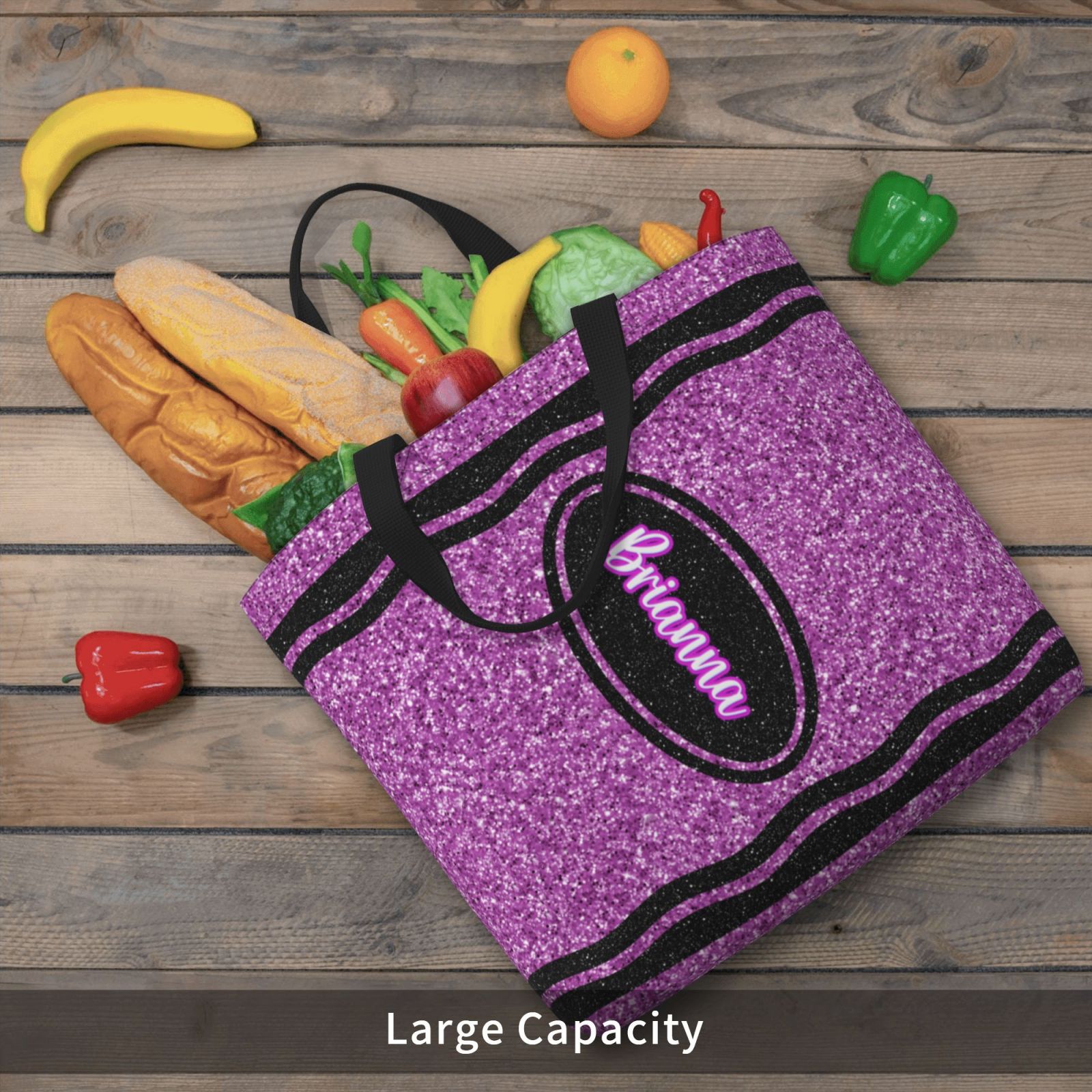 Large capacity personalized crayon tote bag filled with daily supplies, spacious for teacher work and errands