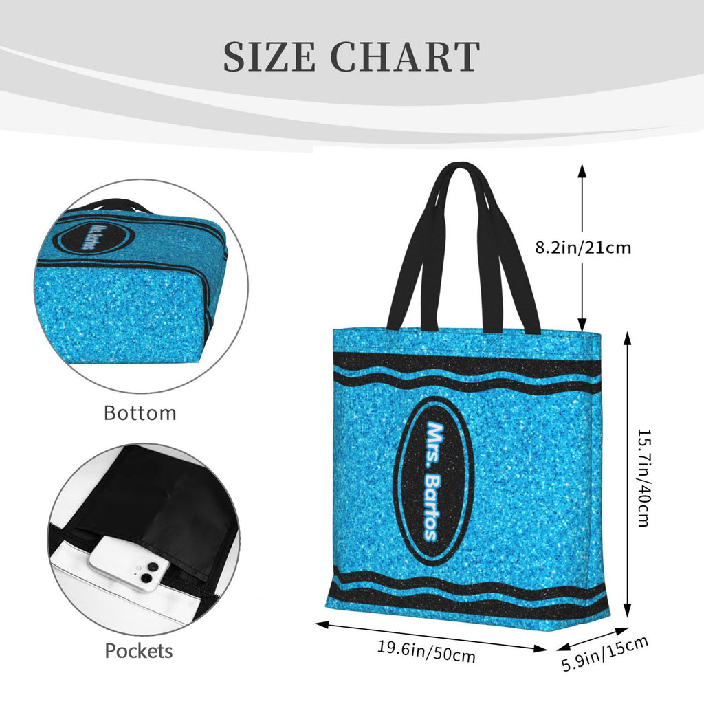 Size chart and inner pocket details of crayon teacher tote bag, large capacity design
