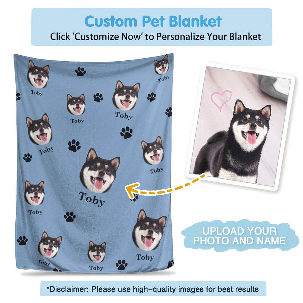 Custom pet blanket that displays your uploaded pet photo and name, cozy flannel keepsake for pet lovers