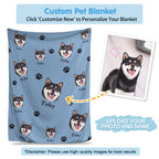 Custom pet blanket that displays your uploaded pet photo and name, cozy flannel keepsake for pet lovers