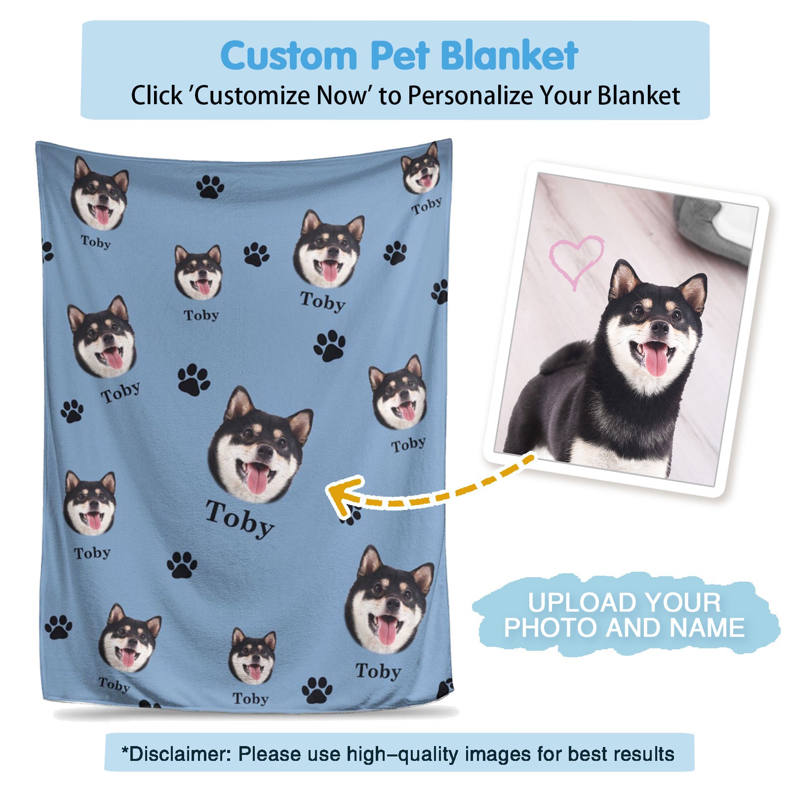 Custom pet blanket that displays your uploaded pet photo and name, cozy flannel keepsake for pet lovers