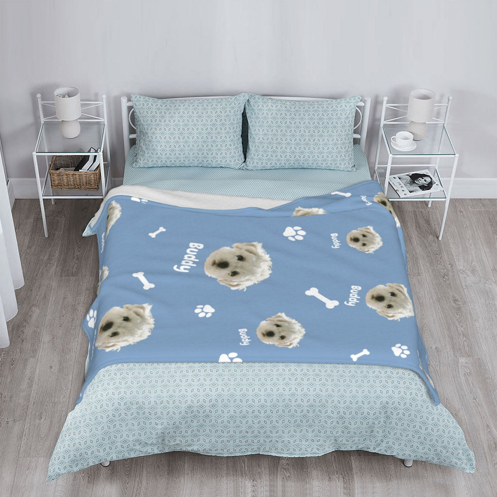 Custom pet photo blanket laid flat, modern cozy decor for living room and bedroom