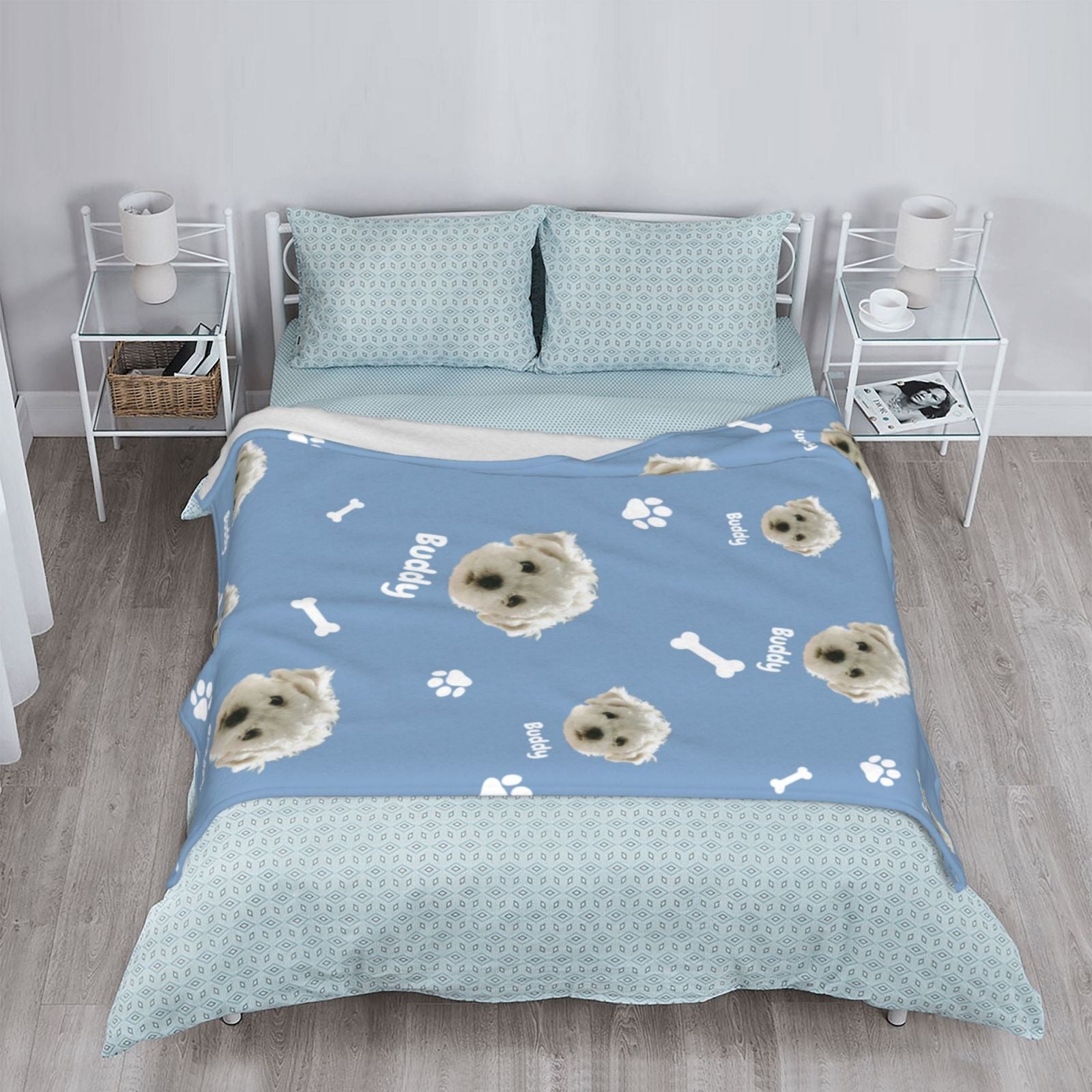 Custom pet photo blanket laid flat, modern cozy decor for living room and bedroom
