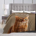 Personalized pet photo blanket on bed, warm cozy decor for bedroom and pet area