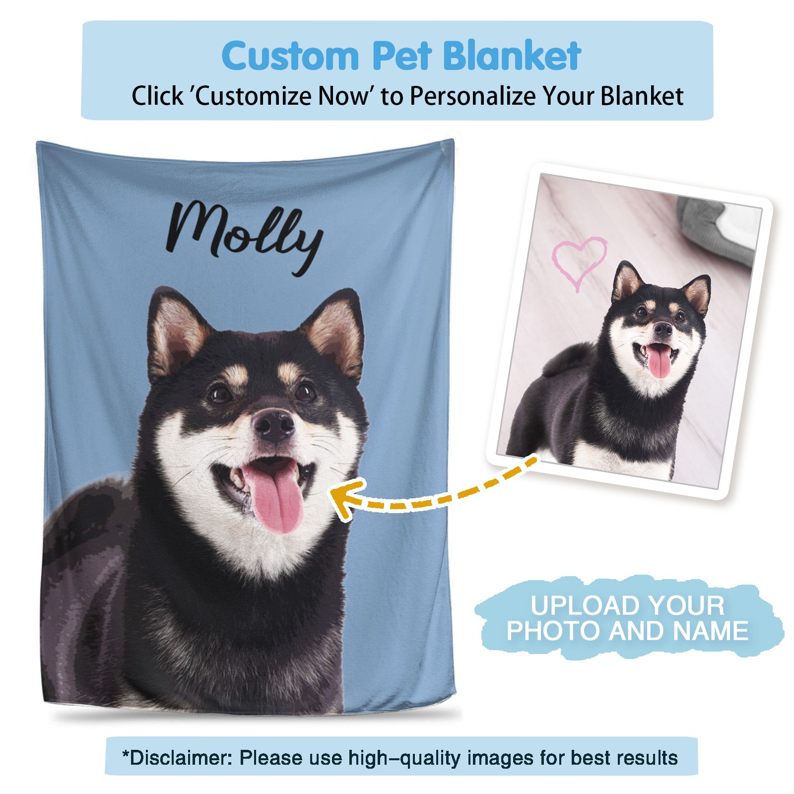 Personalized pet blanket customized with your uploaded pet photo and name, soft flannel for beloved pets
