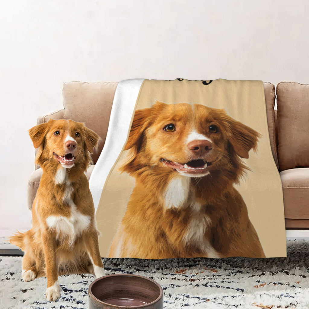 Custom pet photo blanket on couch to recreate your pet's look, ideal personalized gift for pet lovers