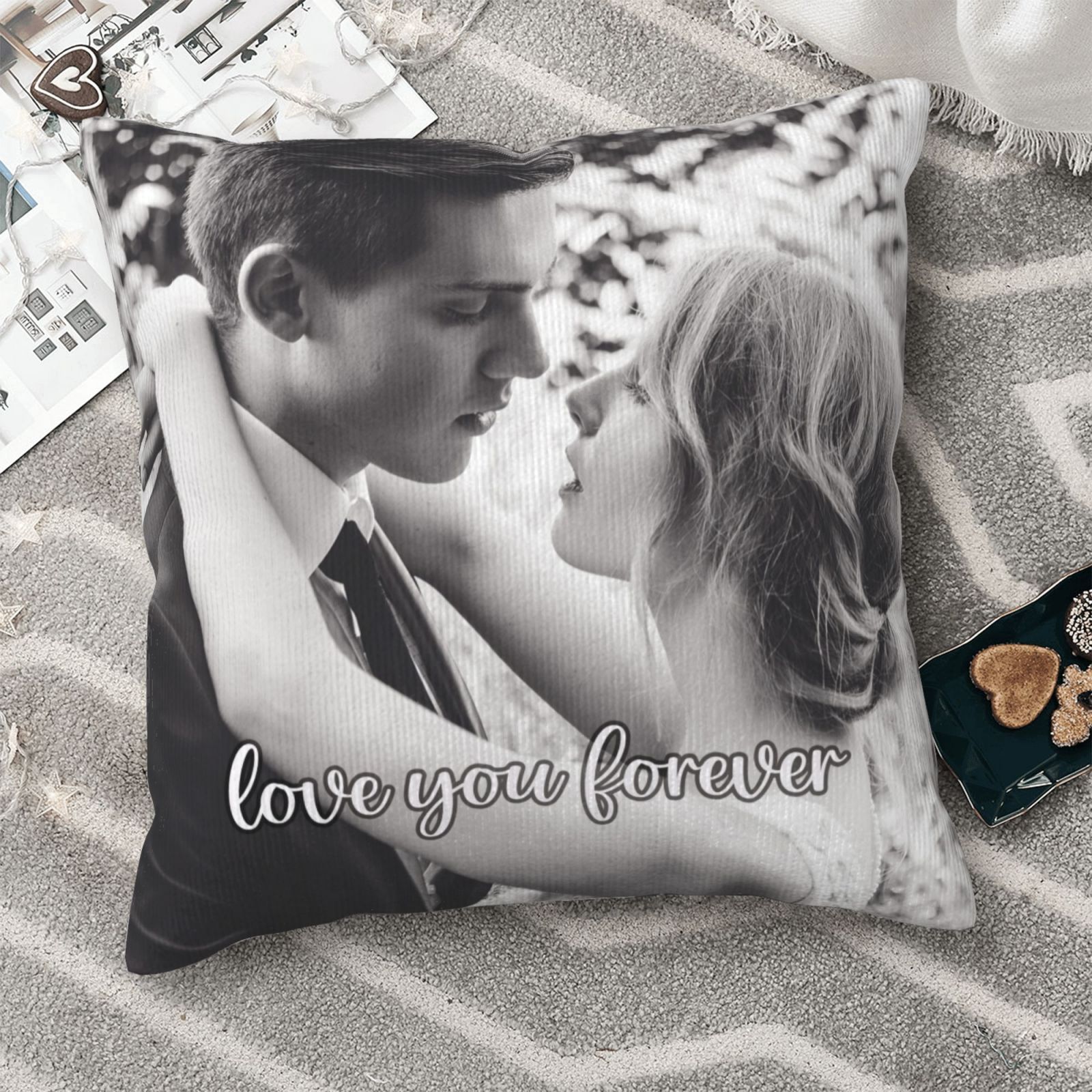 Custom photo pillow featuring romantic couple memories, perfect personalized gift for anniversaries and Valentine’s Day