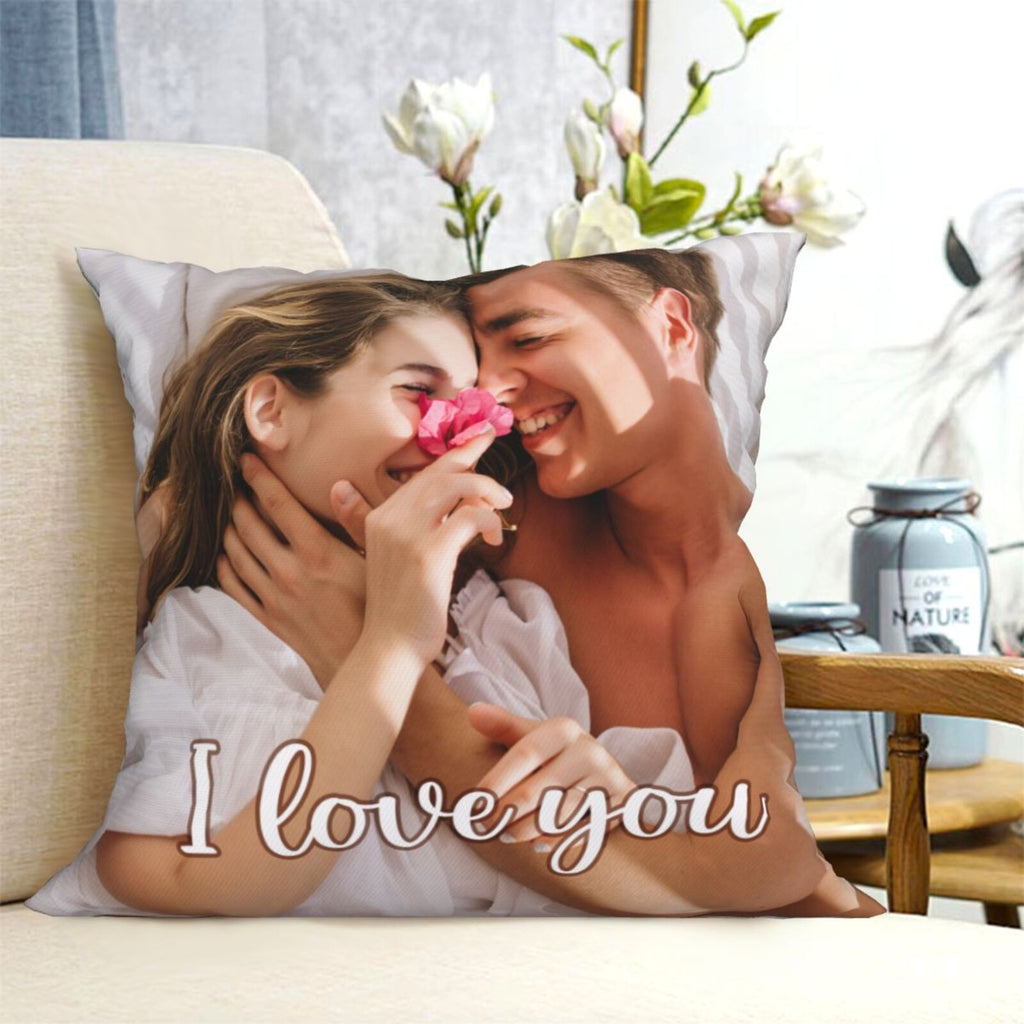 Personalized photo throw pillow on sofa, warm and decorative home accent