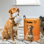 Custom dog toy basket with your pet’s photo and name, perfect personalized storage for your furry friend’s toys