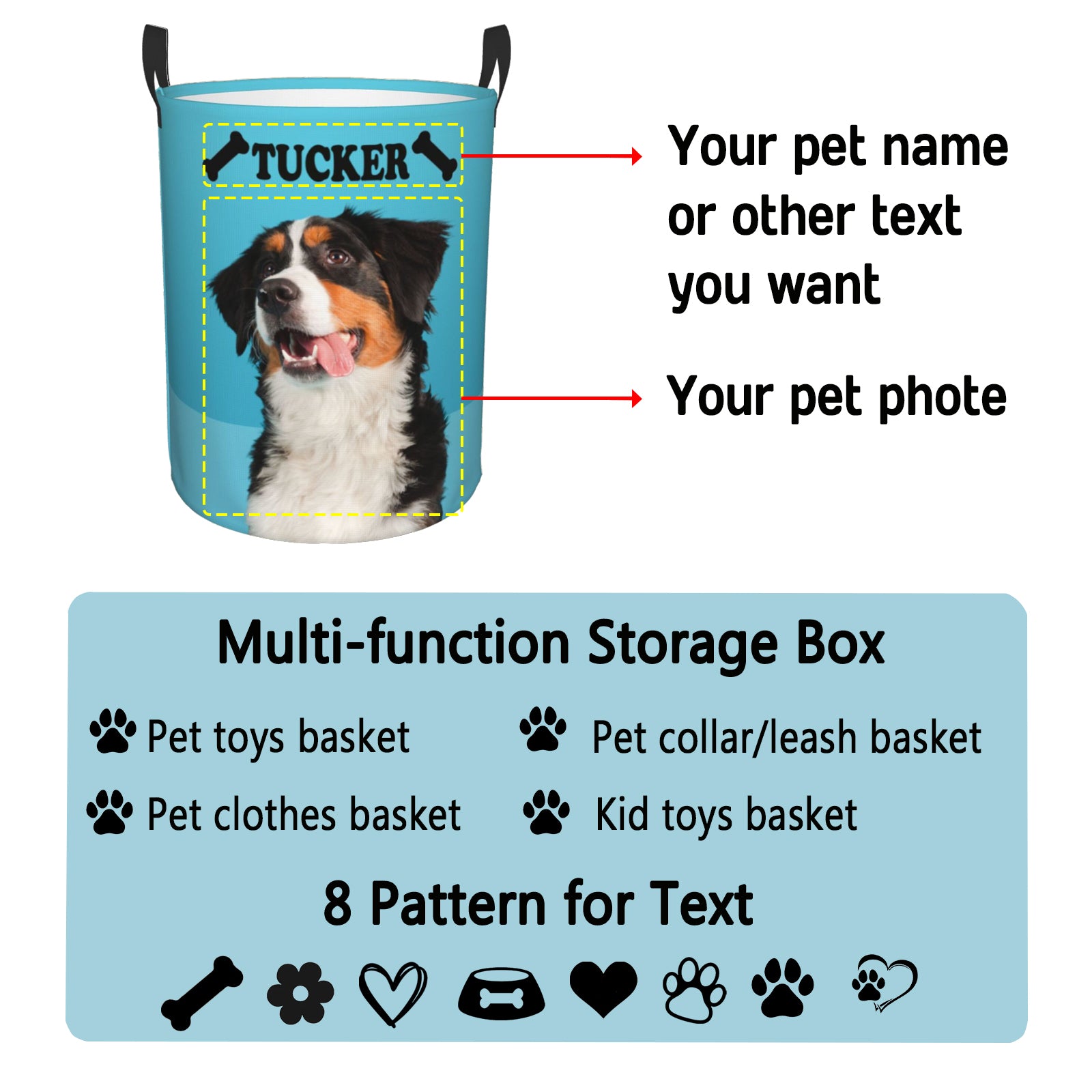 Custom dog toy basket with photo, name and 8 pattern options, multi-use organizer for pet supplies