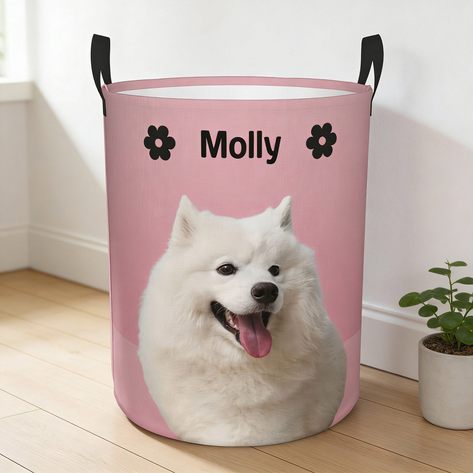Personalized dog toy basket in cozy living room, decorative and practical pet supply organizer