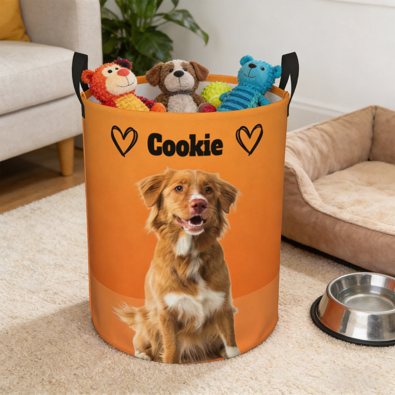 Dog toy storage basket holding pet toys and accessories, keeps living space tidy and organized