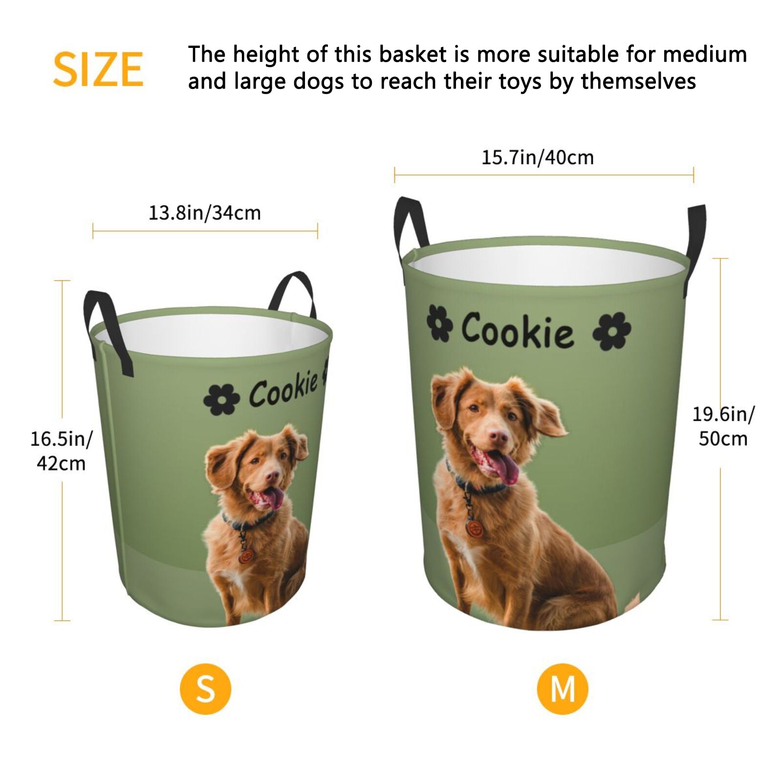 Two sizes (S & M) available for custom dog toy basket, ideal for medium to large dogs to reach their toys and meet different storage needs