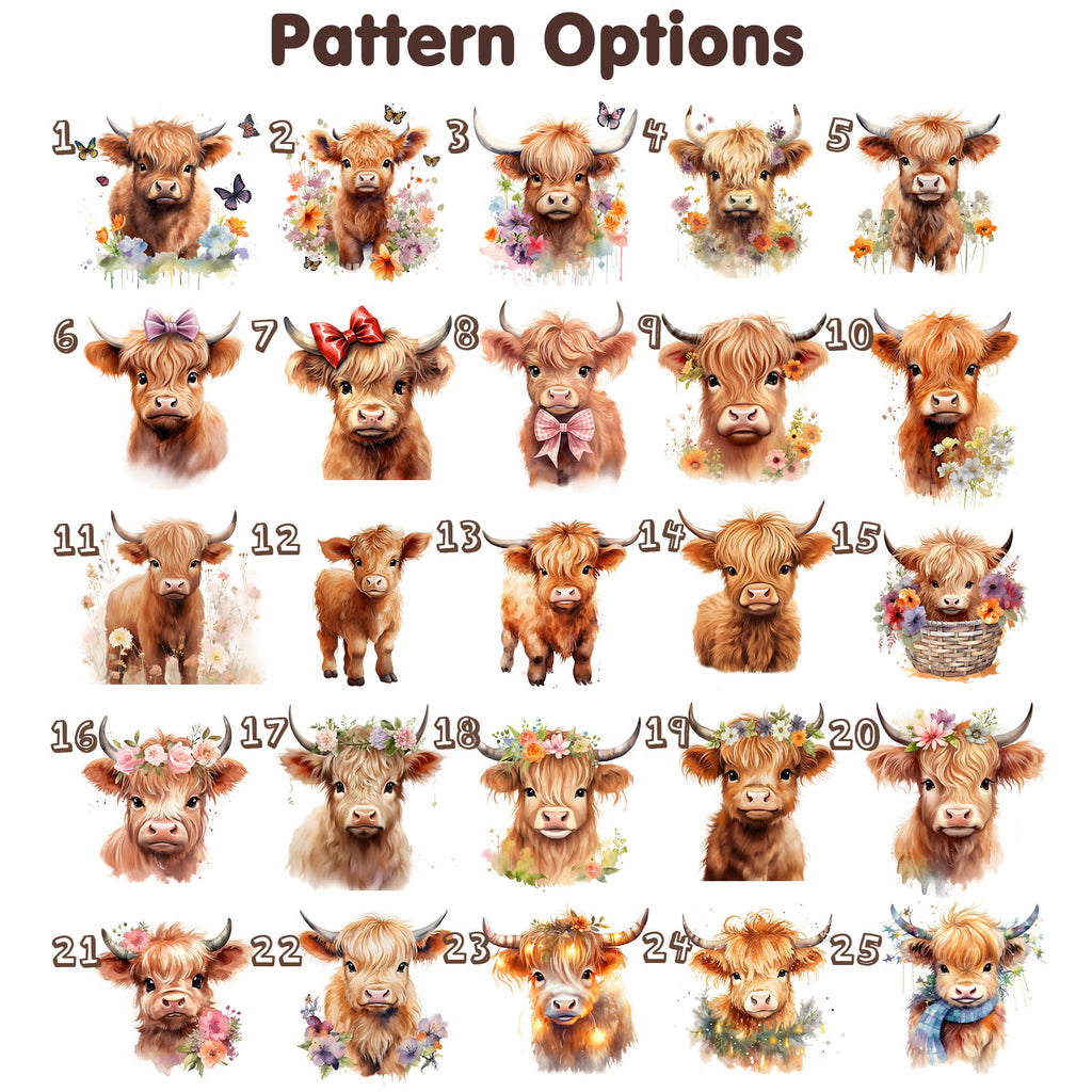 25 cute highland cow patterns available for custom tote bag, personalized design choices