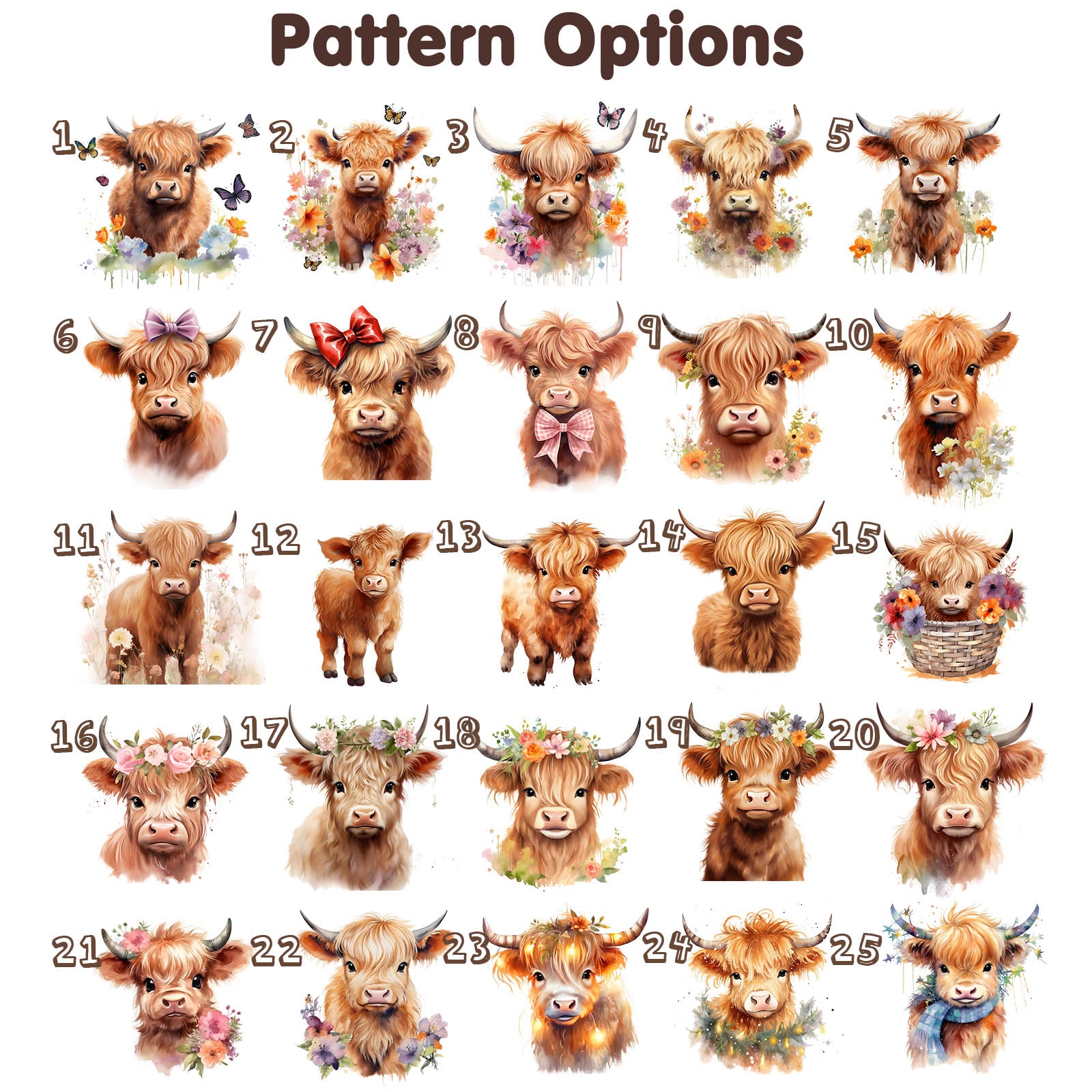 25 cute highland cow patterns available for custom tote bag, personalized design choices