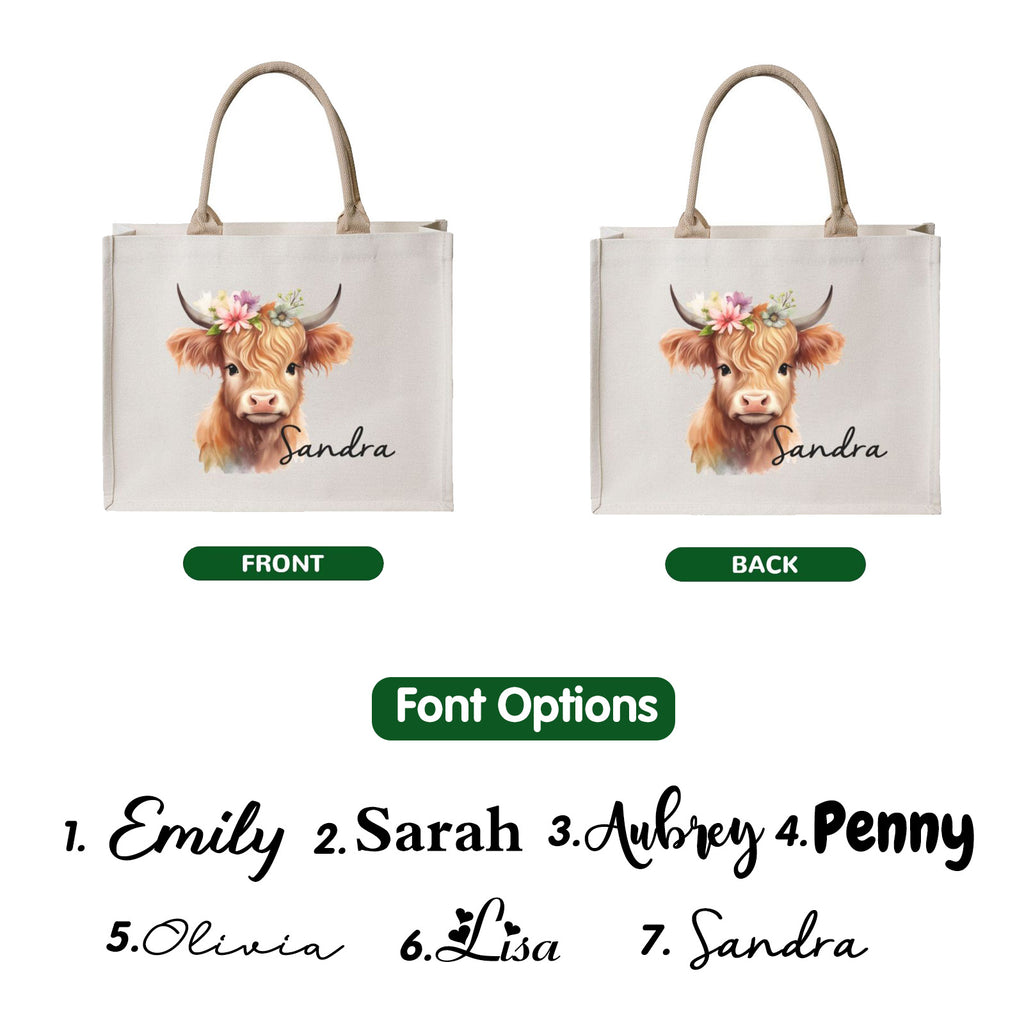 Double-sided printed highland cow tote bag with 7 font choices for personalized name
