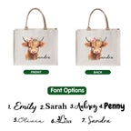 Double-sided printed highland cow tote bag with 7 font choices for personalized name