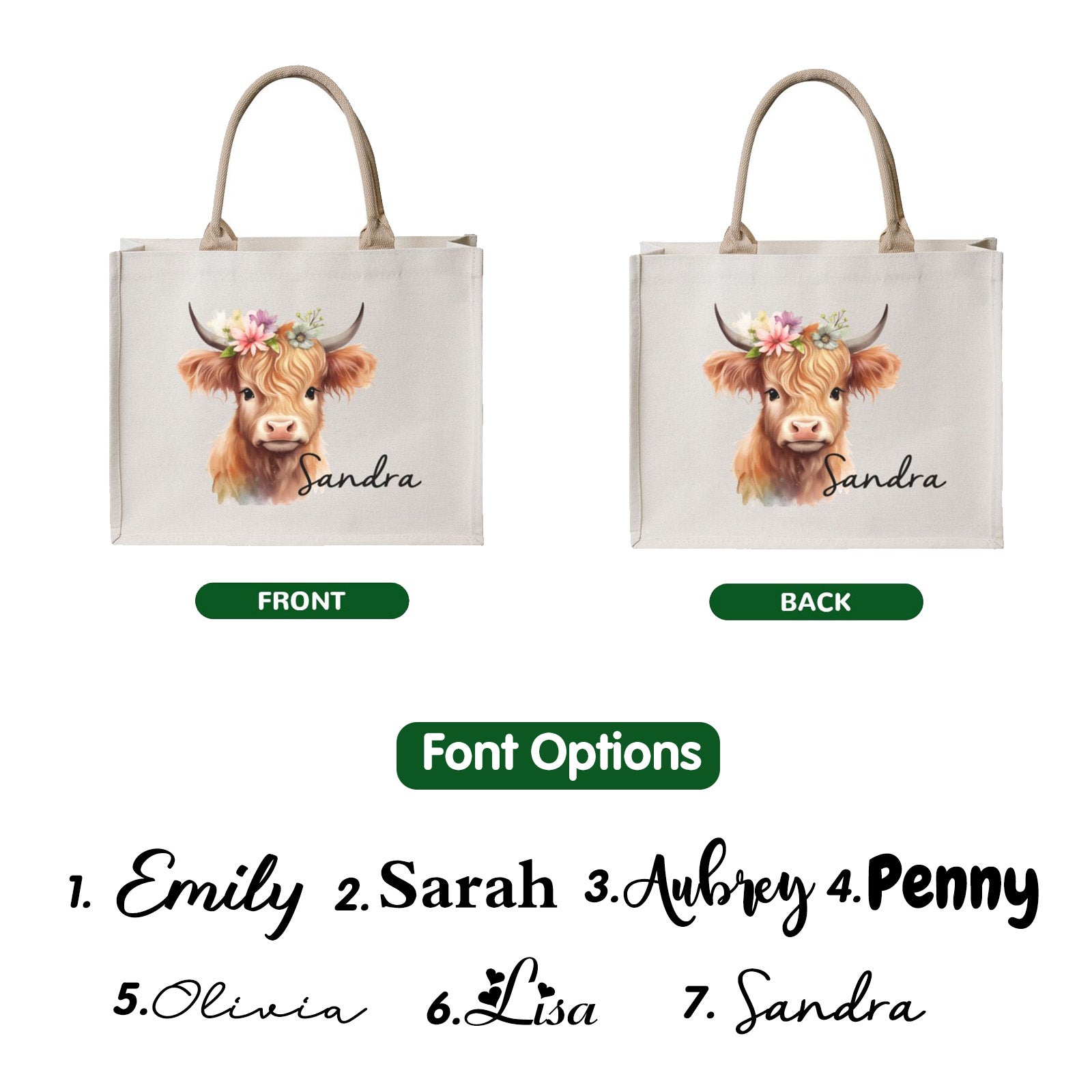 Double-sided printed highland cow tote bag with 7 font choices for personalized name