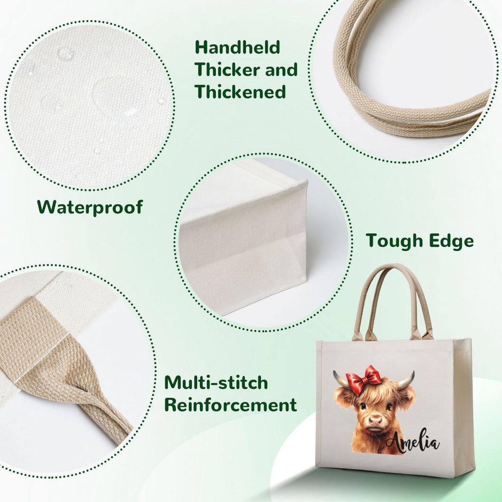 Custom waterproof highland cow tote bag with thick handles, reinforced stitching and durable edges