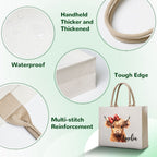 Custom waterproof highland cow tote bag with thick handles, reinforced stitching and durable edges