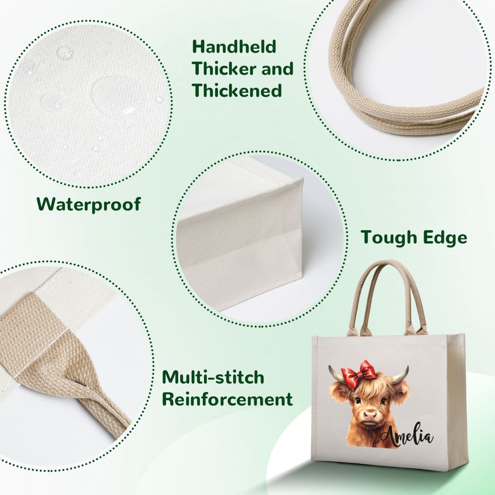 Custom waterproof highland cow tote bag with thick handles, reinforced stitching and durable edges