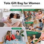 Collage showing women receiving personalized highland cow tote bags for Mother's Day, birthdays, anniversaries, bachelorette parties and Teacher's Day