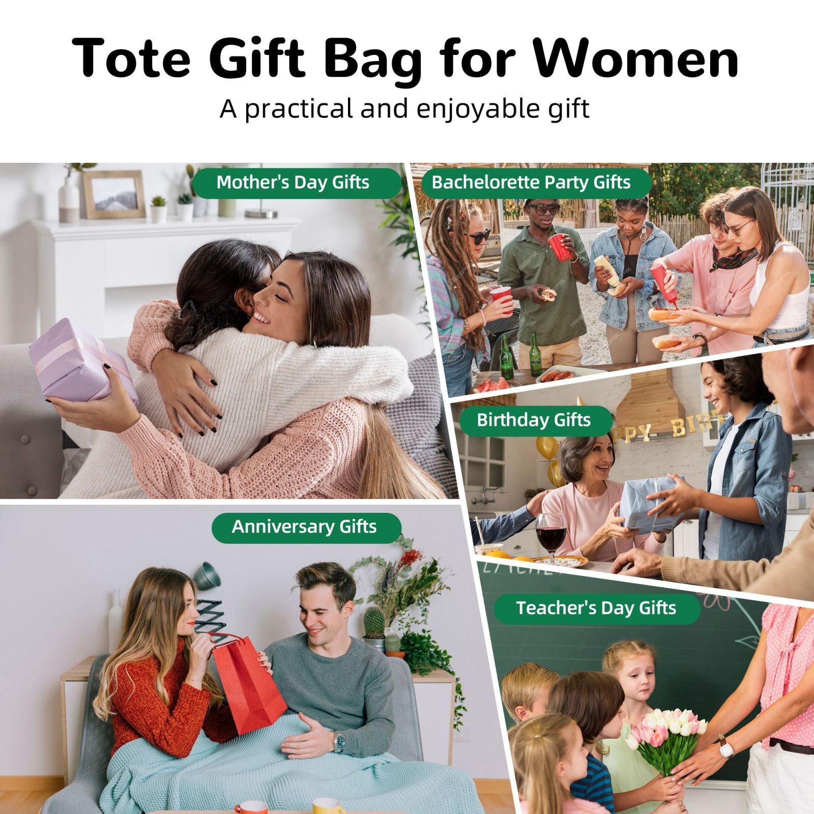Collage showing women receiving personalized highland cow tote bags for Mother's Day, birthdays, anniversaries, bachelorette parties and Teacher's Day