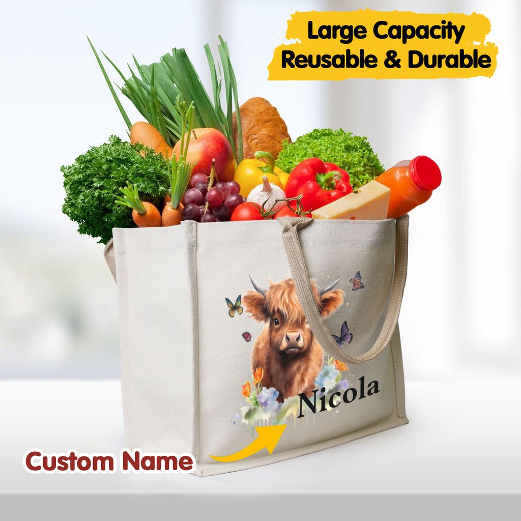 Large capacity highland cow tote bag with ample space for daily essentials and groceries