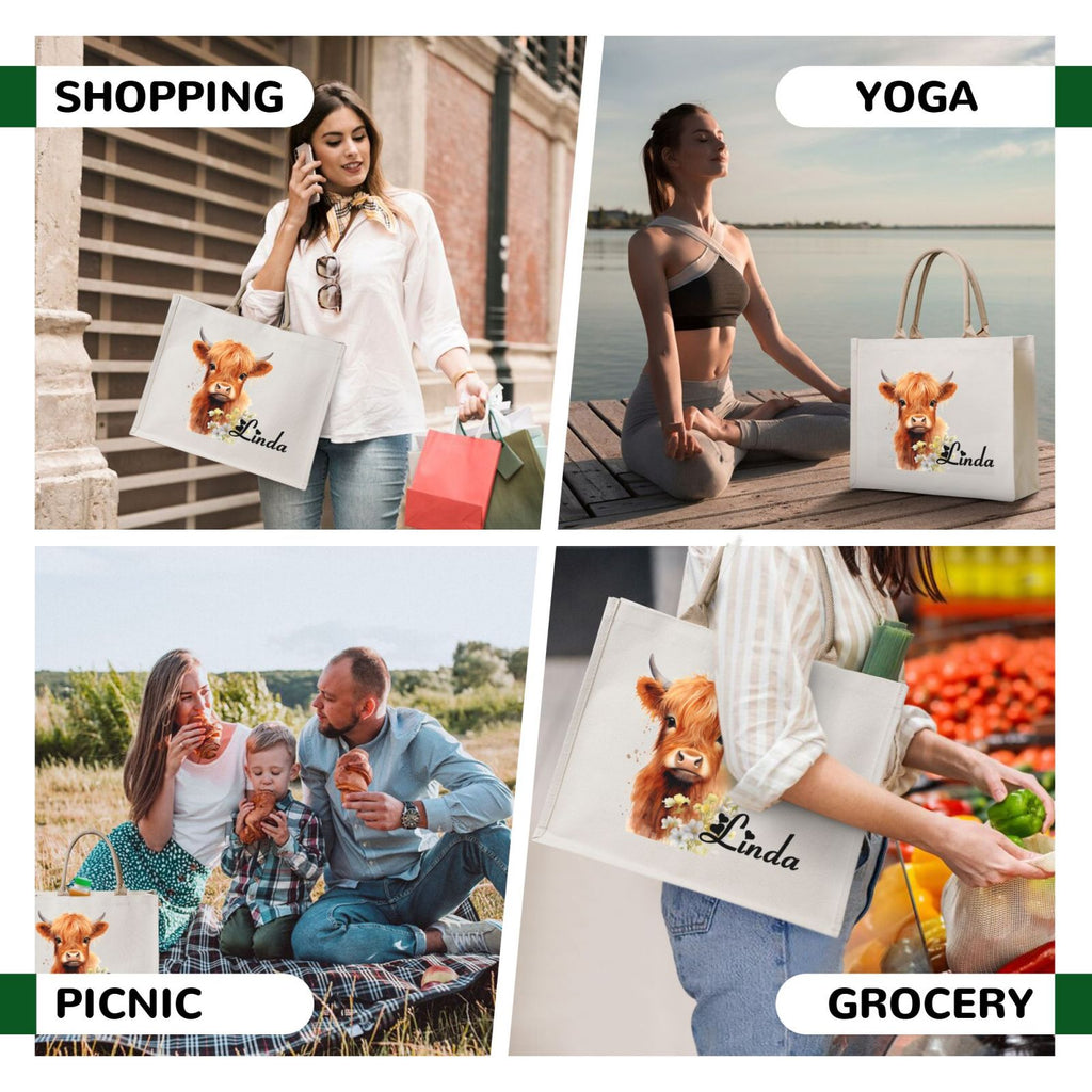 Custom reusable highland cow tote bag with personalized name, ideal for shopping, yoga, picnic and groceries