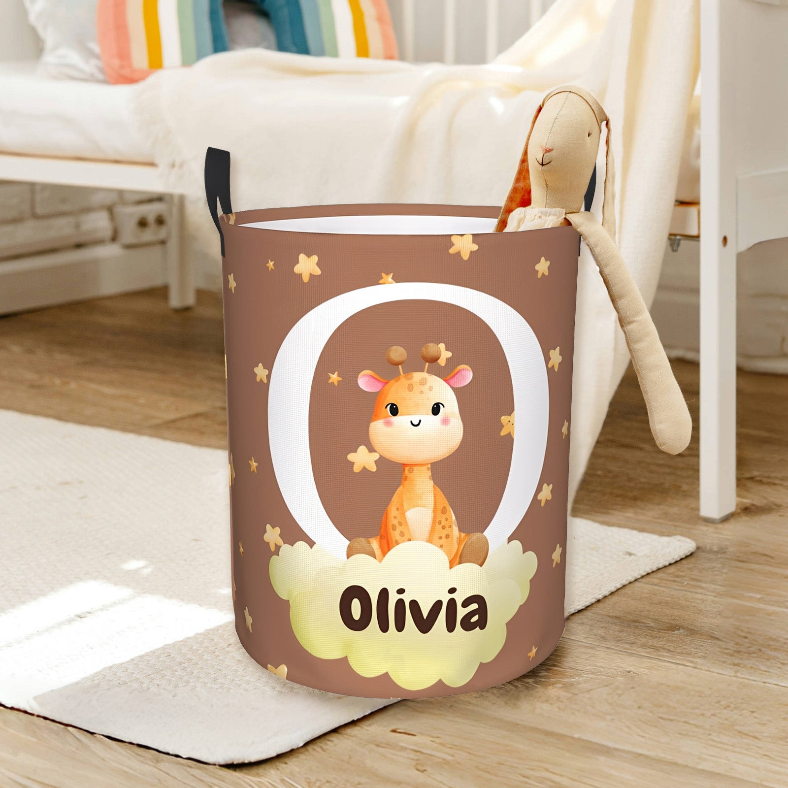 Custom kids laundry hamper with name and forest animal patterns, cute personalized nursery organizer