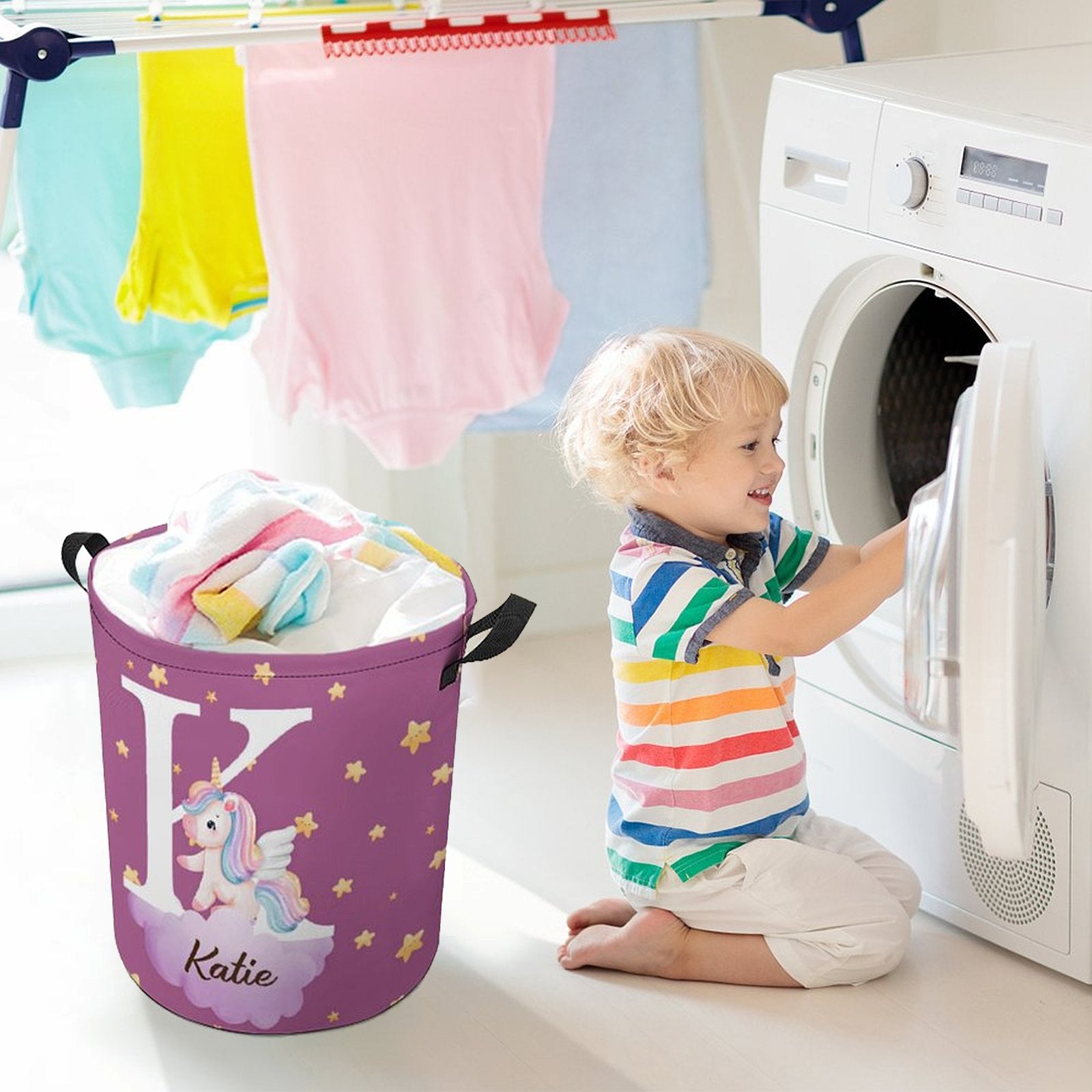 Personalized kids laundry hamper designed for dirty clothes storage, keeps nursery tidy and organized