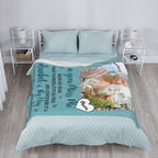 Personalized memorial blanket on bed, thoughtful sympathy gift and sincere remembrance keepsake