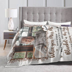 Personalized memorial photo blanket on bed, gentle sympathy decor for home bedroom