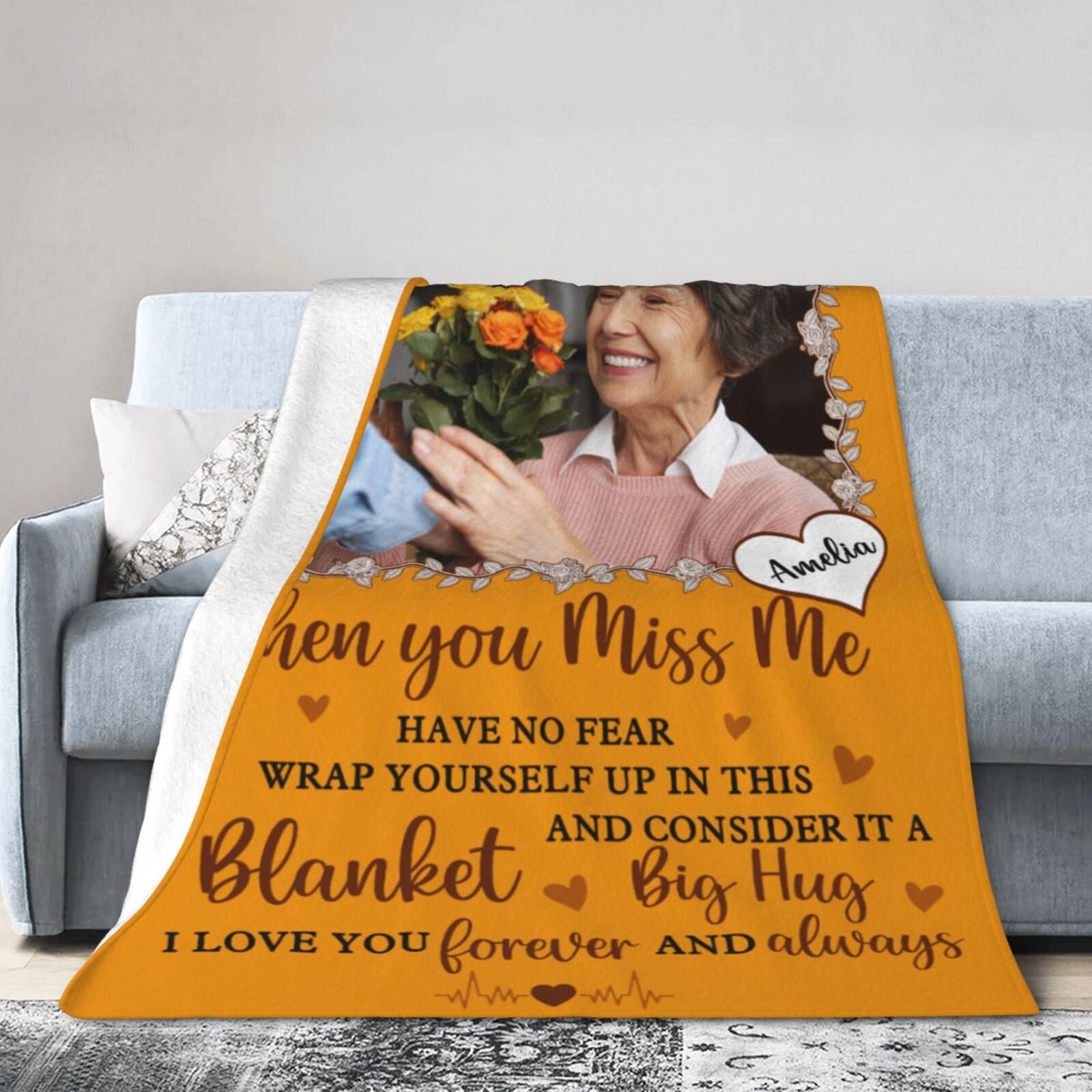 Soft memorial blanket on sofa, warm sympathy gift to comfort those in grief