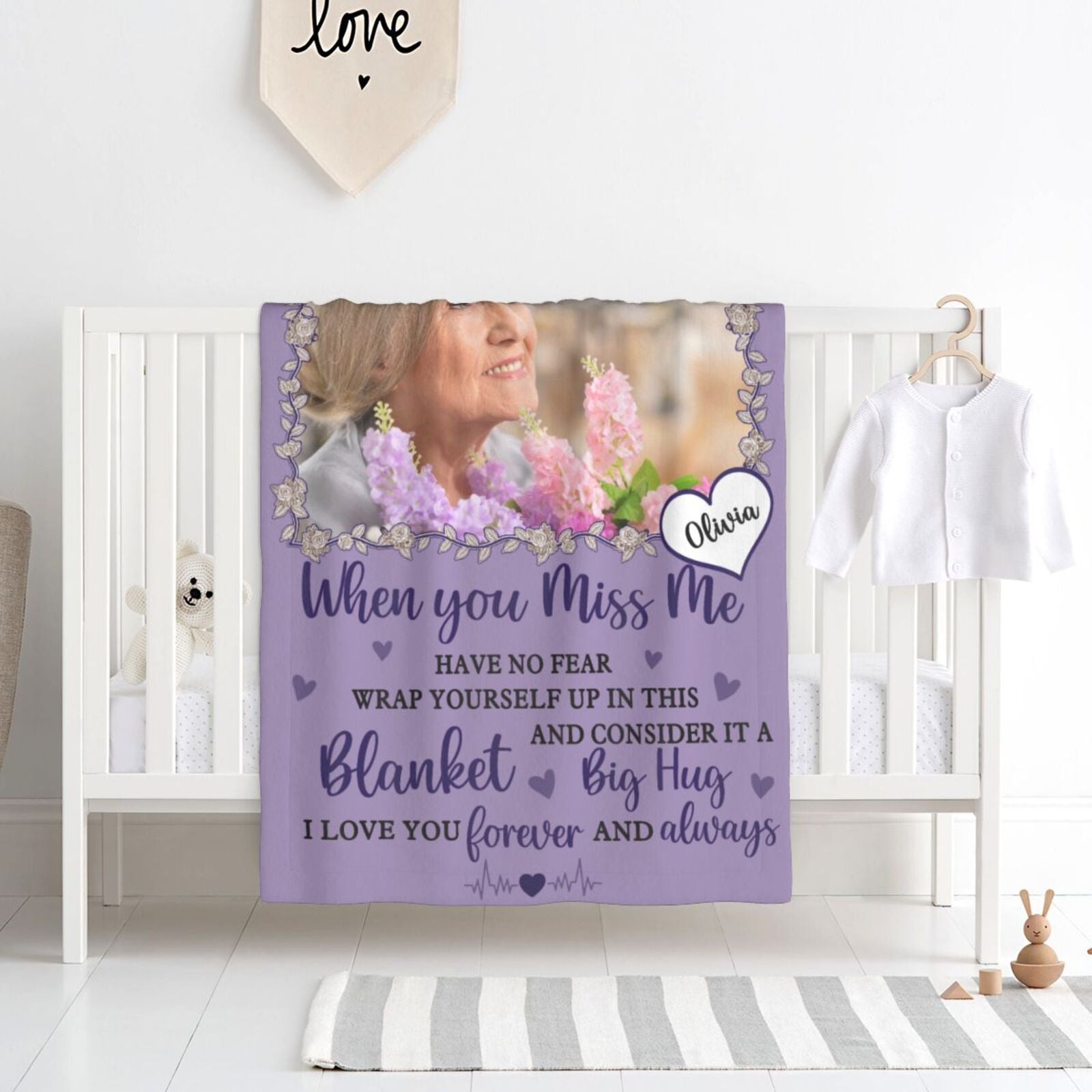 Sentimental quote on custom memorial blanket, warm comfort for grieving family and friends