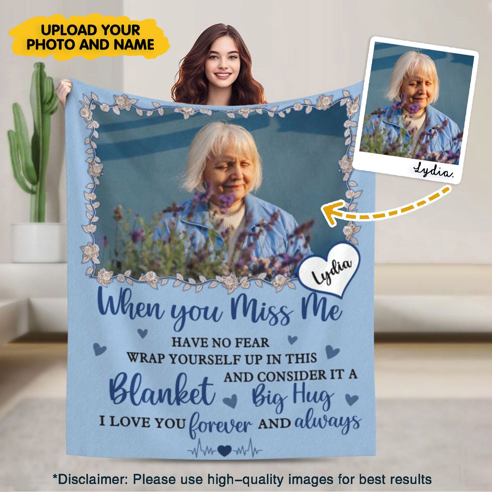 Custom memorial blanket made with your uploaded photo and name, heartfelt in loving memory keepsake