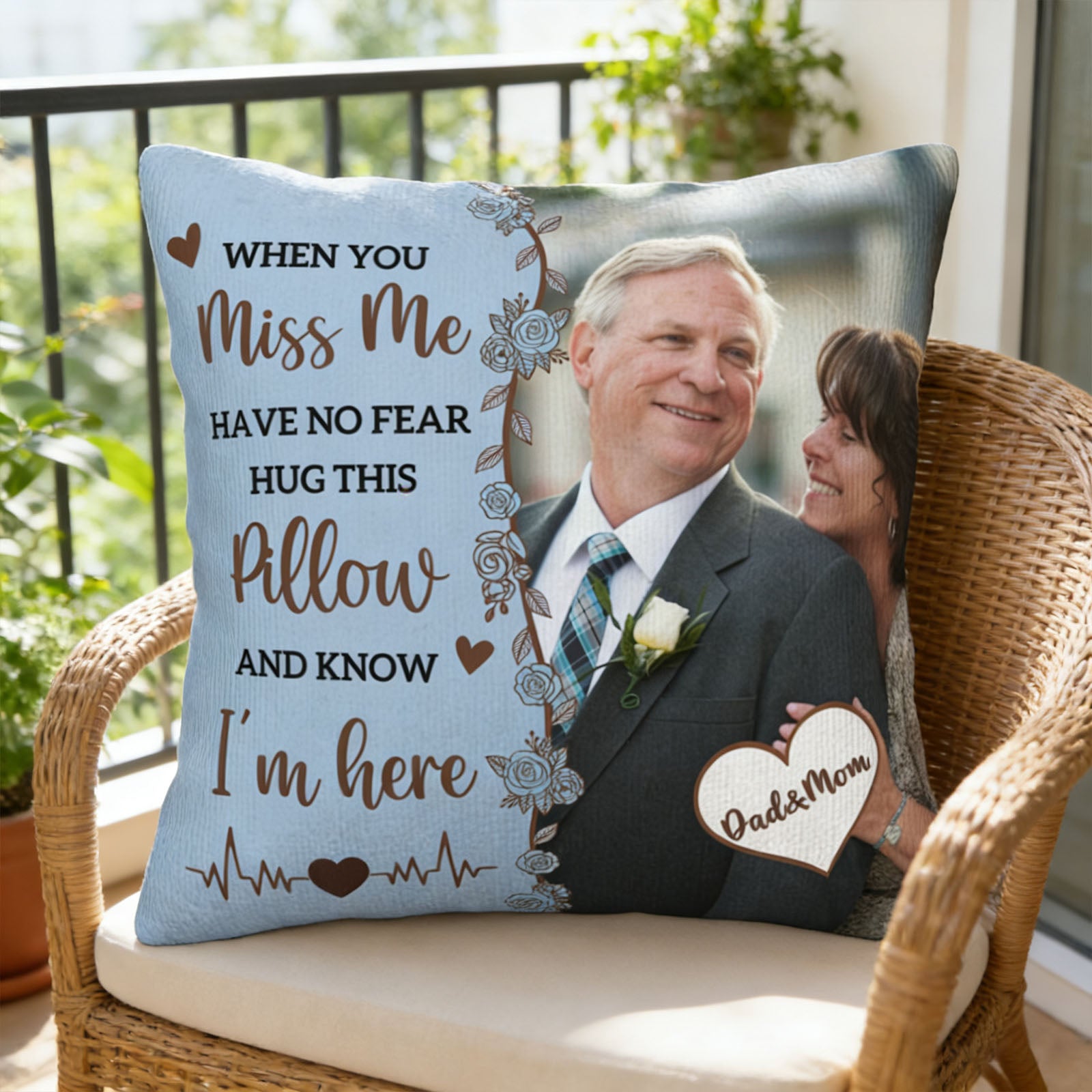 Personalized memorial photo pillow with heartfelt message on a chair, warm and meaningful home remembrance decor