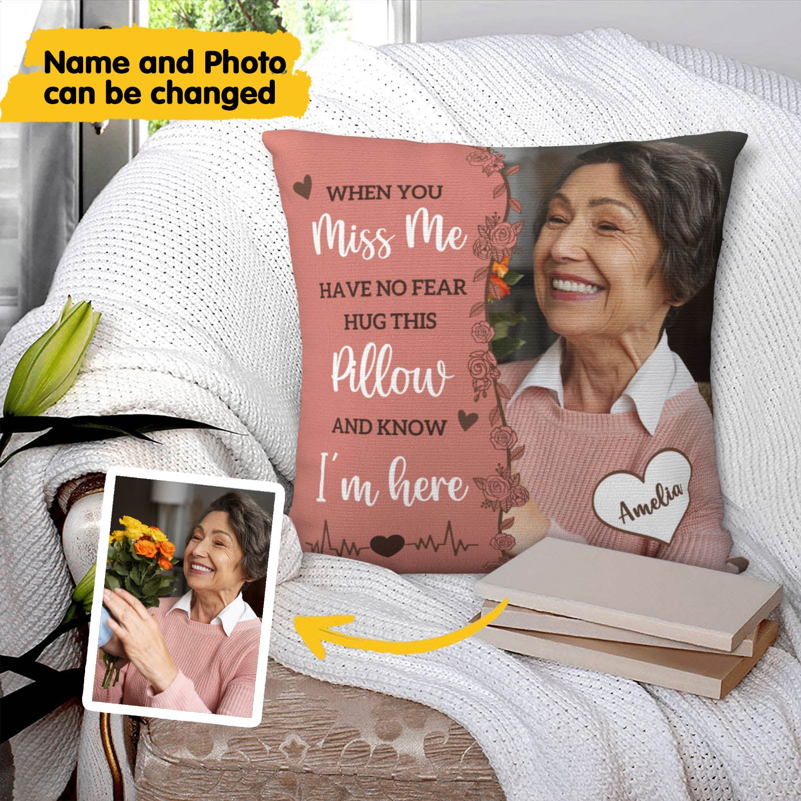 Custom memorial pillow with personalized photo and name, keepsake to cherish precious memories